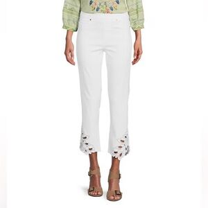 John Mark Plus Stretch Straight Leg Embroidered Eyelet Hem Cropped Pull-On Pants